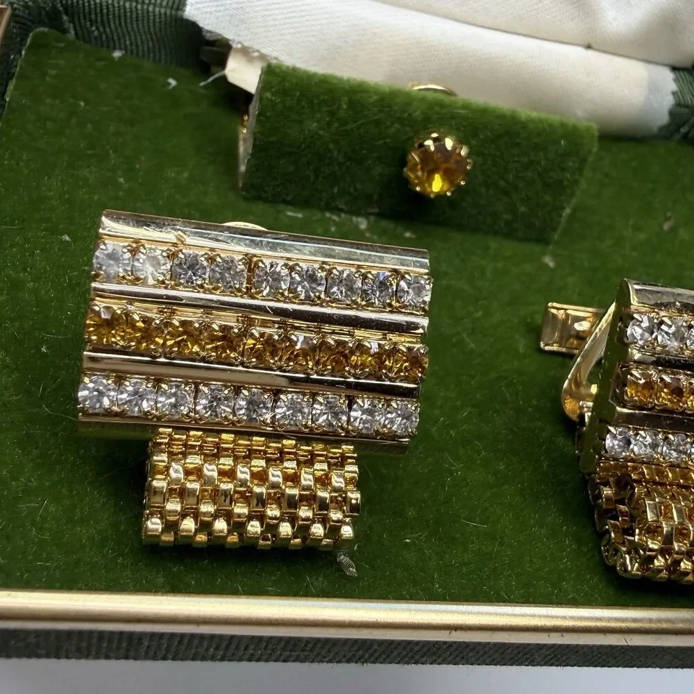 Vintage Executive Gold Tone Rhinestone Cuff Links & Tie Tack Matching Set New
